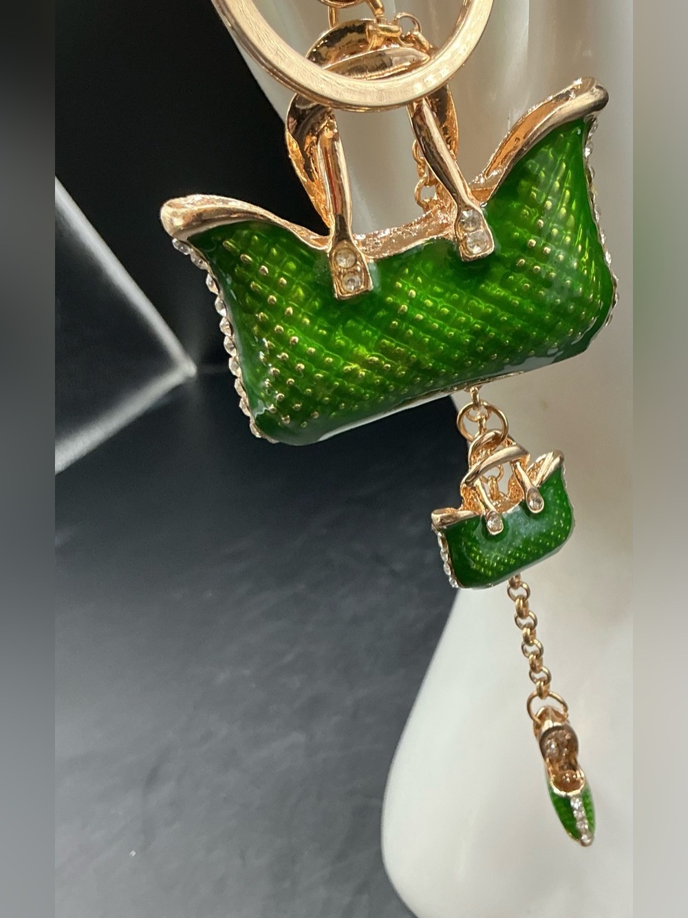 GOLD TONE GREEN ENAMEL PURSE AND HIGH HEEL SHOE BAG CHARM KEY CHAIN